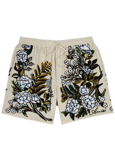 Shop Amiri Floral-embroidered Linen Shorts In Cream