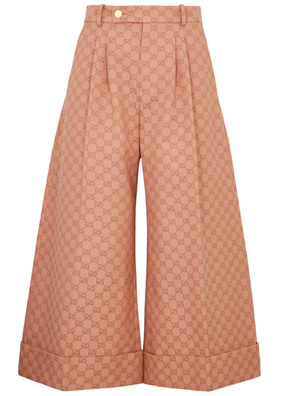 Shop Gucci Gg-jacquard Cropped Trousers In Brown
