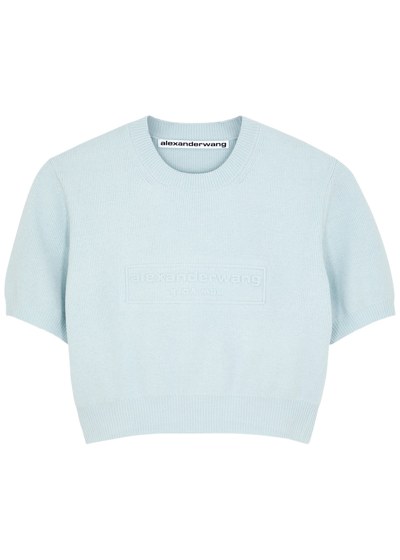 Shop Alexander Wang Logo-embossed Cropped Chenille T-shirt In Light Blue