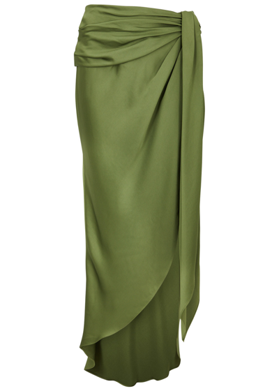 Shop Jonathan Simkhai Elisabetta Draped Satin Midi Skirt In Olive