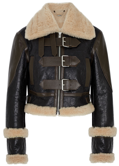 Shop Blumarine Shearling-trimmed Panelled Leather Jacket In Brown