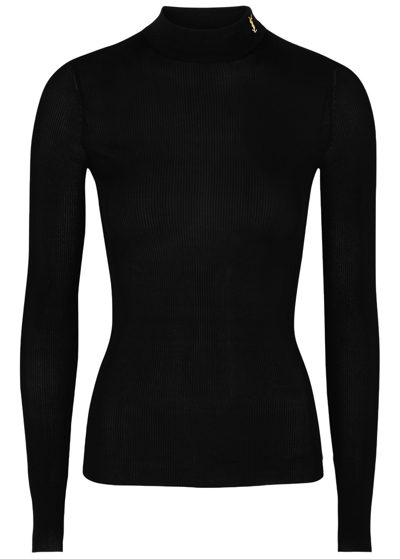 Shop Saint Laurent Yves  Ribbed Knitted Silk Top In Black