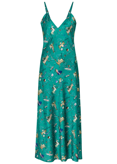 Shop Jessica Russell Flint Nowruz Printed Stretch-silk Nightdress In Teal