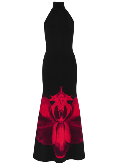 Shop Alexander Mcqueen Ethereal Orchid Floral-jacquard Maxi Dress In Black Red