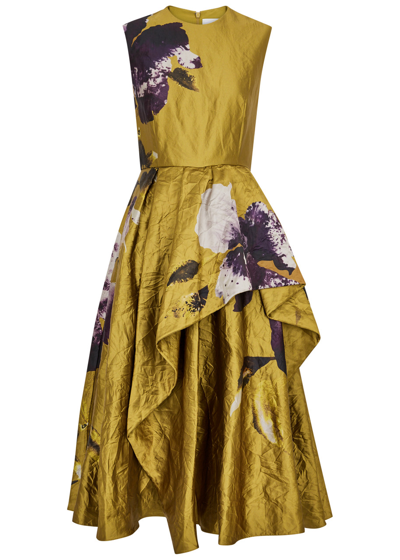 Shop Erdem Floral-print Crinkled Satin Midi Dress In Gold