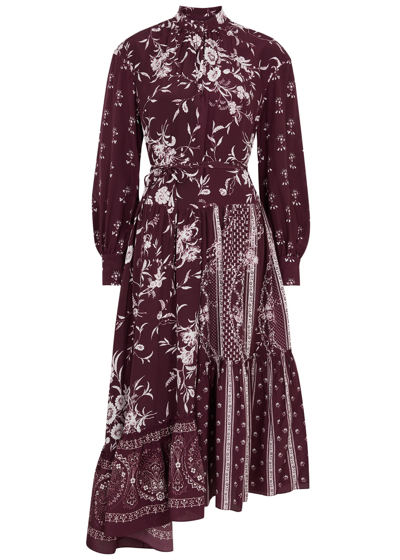Shop Erdem Floral-print Asymmetric Silk Midi Dress In Burgundy