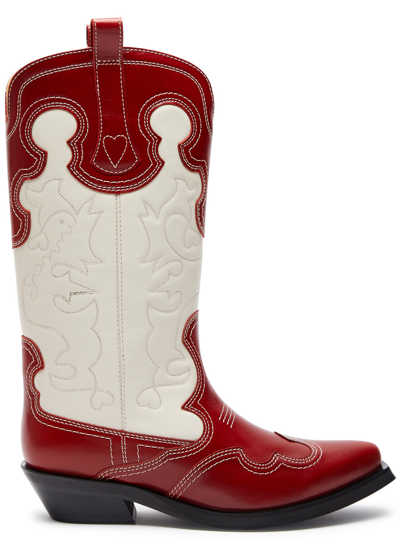 Shop Ganni Embroidered Leather Cowboy Boots In Red And White