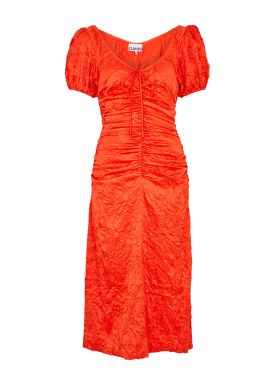 Shop Ganni Ruched Crinkled Satin Midi Dress In Orange