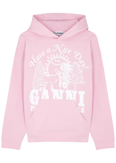 Shop Ganni Isoli Printed Hooded Cotton Sweatshirt In Pink