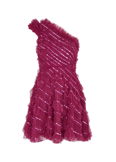 Shop Needle & Thread Spiral Sequin-embellished Tulle Mini Dress In Dark Pink