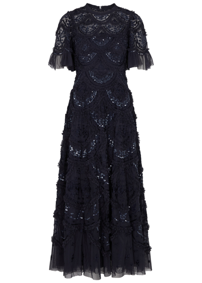 Shop Needle & Thread Carmen Sequin-embellished Tulle Gown In Navy