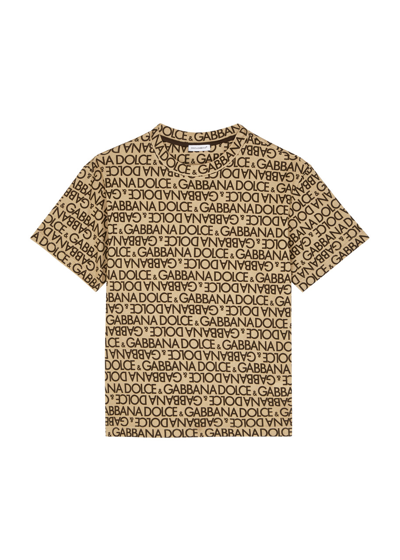Shop Dolce & Gabbana Kids Monogrammed Logo-print Cotton T-shirt In Beige