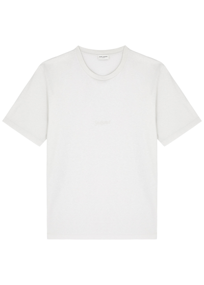 Shop Saint Laurent Logo-embroidered Cotton T-shirt In Ecru
