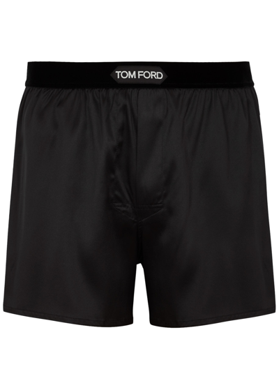 Shop Tom Ford Stretch Silk Boxer Shorts In Black, Luxury Men's Loungewear, Soft Silk Fabric, Comfortable Fit