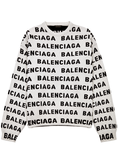 Shop Balenciaga Logo-monogrammed Wool-blend Jumper In White And Black
