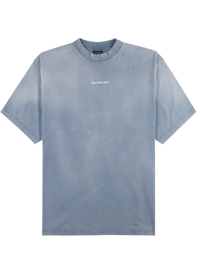 Shop Balenciaga Logo-embroidered Washed Cotton T-shirt In Blue