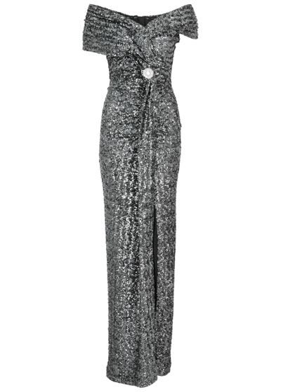 Shop Balmain Off-the-shoulder Sequin-embellished Gown In Silver