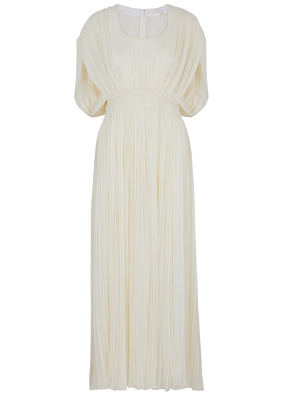 Shop Chloé Pleated Wool-gauze Maxi Dress In White