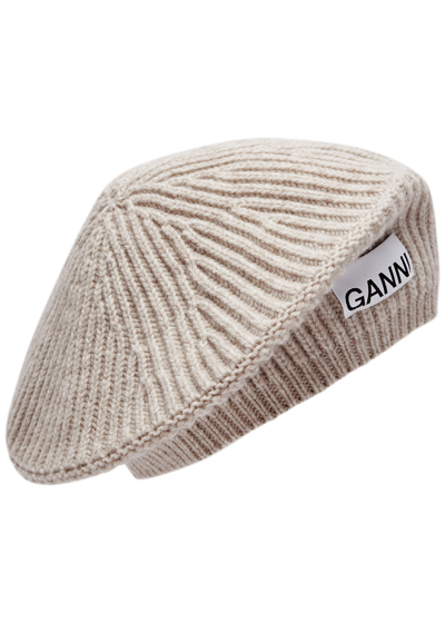 Shop Ganni Ribbed Wool-blend Beret In Beige