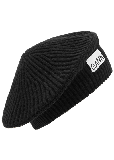 Shop Ganni Ribbed Wool-blend Beret In Black