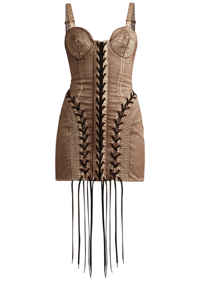 Shop Jean Paul Gaultier X Knwls Conical Lace-up Stretch-cotton Mini Dress In Brown
