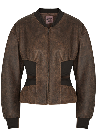 Shop Jean Paul Gaultier X Knwls Cut-out Leather Bomber Jacket In Brown
