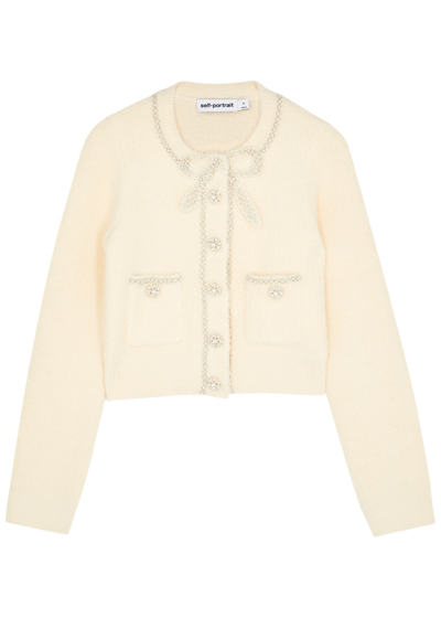 Shop Self-portrait Embellished Cropped Knitted Cardigan In Cream