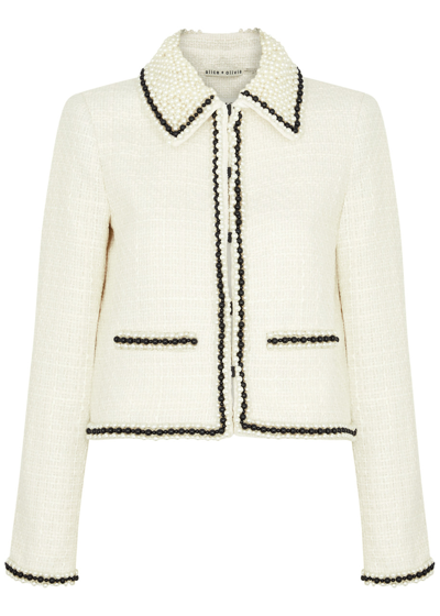 Shop Alice And Olivia Kidman Pearl-embellished Cropped Tweed Jacket In Off White