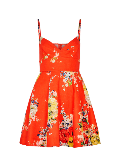 Shop Zimmermann Alight Floral-print Linen Mini Dress In Red