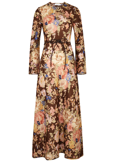 Shop Zimmermann August Floral-print Linen Maxi Dress In Brown