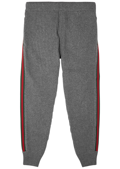 Shop Gucci Striped Ribbed Wool-blend Sweatpants In Grey