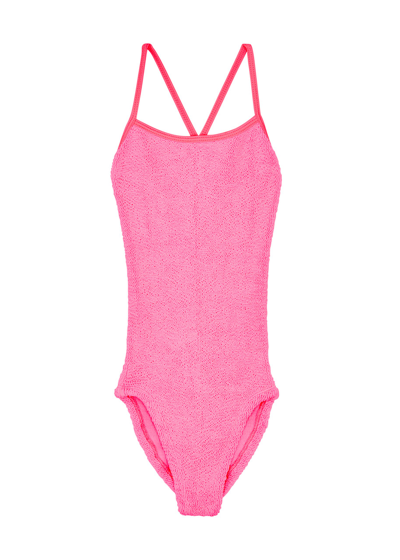 Shop Hunza G Kids Margot Seersucker Swimsuit In Pink