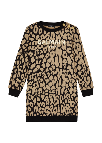 Shop Balmain Kids Leopard-print Cotton Sweatshirt Dress (6-10 Years) In Black