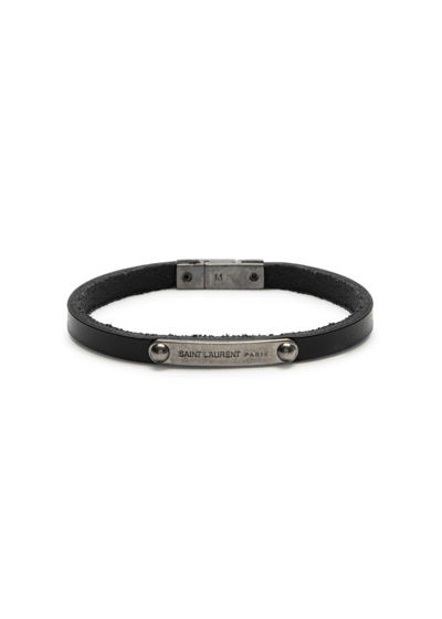 Shop Saint Laurent Logo Leather Bracelet In Black