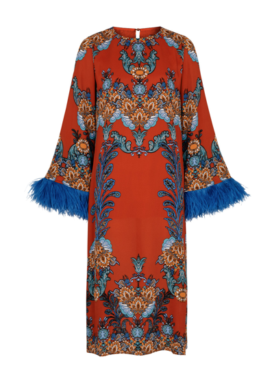 Shop Borgo De Nor Seraphina Printed Feather-trimmed Midi Dress In Red