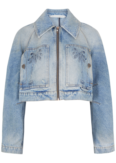 Shop Palm Angels Paris Distressed Cropped Denim Jacket In Blue