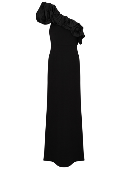 Shop Rebecca Vallance Chloe Ruffle-trimmed One-shoulder Gown In Black