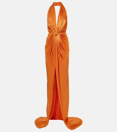 Shop Costarellos Colette Gathered Halterneck Silk Gown In Orange