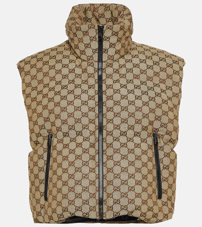 Shop Gucci Gg Canvas Puffer Vest In Brown