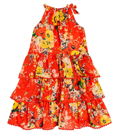 Zimmermann Teen Girls Red Tiered Floral Dress In Red