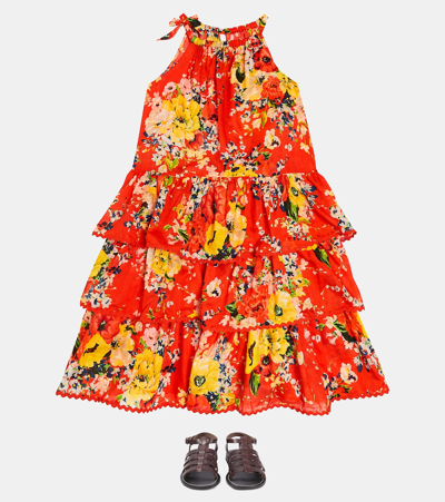 Zimmermann Teen Girls Red Tiered Floral Dress In Red