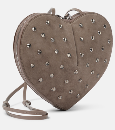 Shop Alaïa Le Caur Studded Suede Shoulder Bag In 852 - Gris Taupe