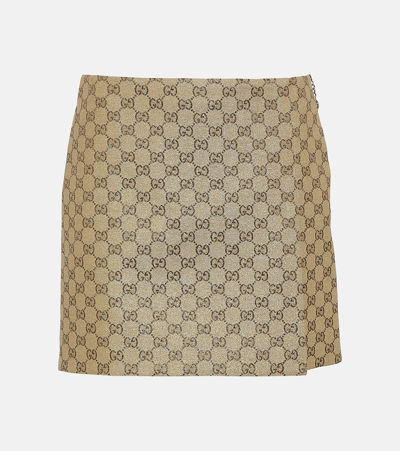 Shop Gucci Glitter Gg Canvas Miniskirt In Brown