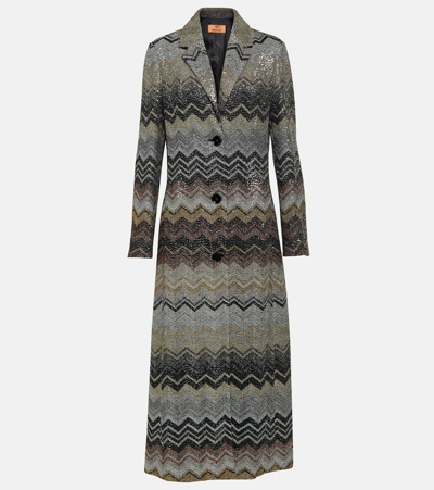 Shop Missoni Zig Zag Sequined Single-breasted Coat In Zig Zag Black Green And Gold