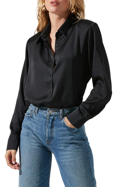 Shop Astr Satin Button-up Shirt In Black
