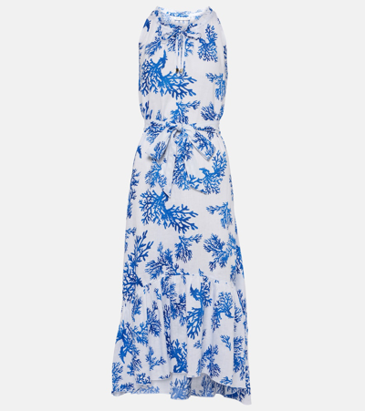 Shop Heidi Klein Little Dix Bay Floral Linen Midi Dress In Blue