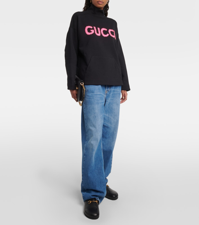 Shop Gucci Logo Cotton Jersey Turtleneck Sweatshirt In Black