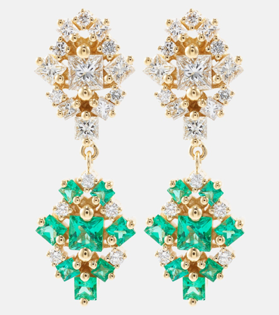 SUZANNE KALAN LA FANTAISIE 18KT GOLD DROP EARRINGS WITH DIAMONDS AND EMERALDS 