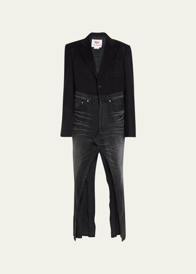 Shop Junya Watanabe Mixed-media Wool Cashmere Denim Levis Coat In Black X Black