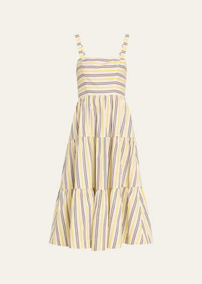 Shop Jason Wu Tiered Striped Square-neck Midi Dress In Buttermilk/ Deep